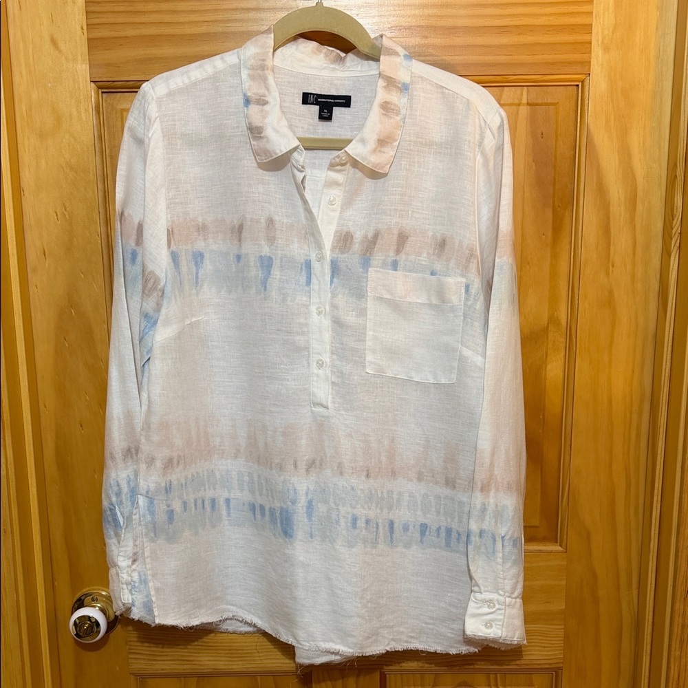 INC International Concepts White Popover Tunic Blue & Tan Tie-Dye & Fringe Hem